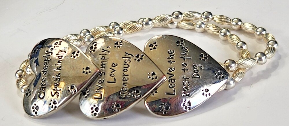 Life Lessons Stretch Bracelet Silvertone Hearts Beads Be Kind Love the Dog